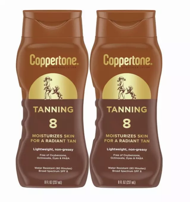 Coppertone Sunscreen Tanning Lotion SPF 8, Lightweight and Non Greasy Sunscreen, Water Resistant, Oxybenzone Free, Sun Tan Lotion Moisturizes Skin for a Radiant Tan, 8 Fl Oz Bottle, Pack of 2