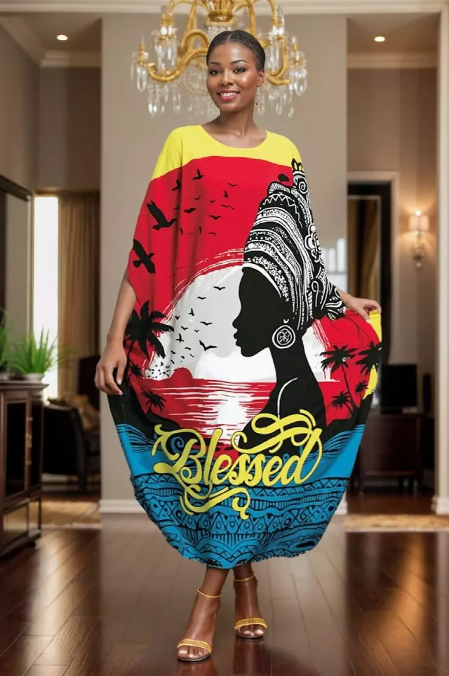 PNA-1631 - Women's Comfy Kaftan Dress with Headwrap- One Size (6-PCS PRE-PACK) - $7 Each — One Size (4-24) / Print-1631B