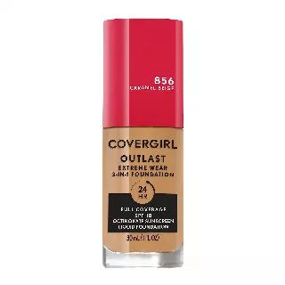 Covergirl Outlast Extreme Wear 3-in-1 Full Coverage Liquid Foundation, SPF 18 Sunscreen, Caramel Beige, 1 Fl. Oz.