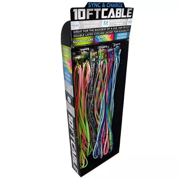10FT Braided Sync and Charge Cable Assortment Wing Rack Display - 38 Pieces Per Retail Ready Display Kit 88336