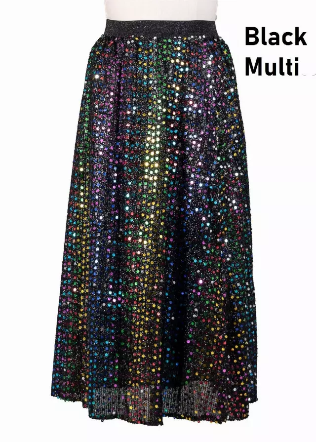 CHH-19014-17 - Women's Sequin Skirt High Waist Sparkle Party Cocktail Skirt (3-PCS PRE-PACK) — One Size Plus / Black/Multi / 3-Pcs Per Pack
