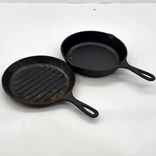 Lodge 9 Inch Cast Iron Skillet and Grill Pan 2 Piece Lot Made in USA