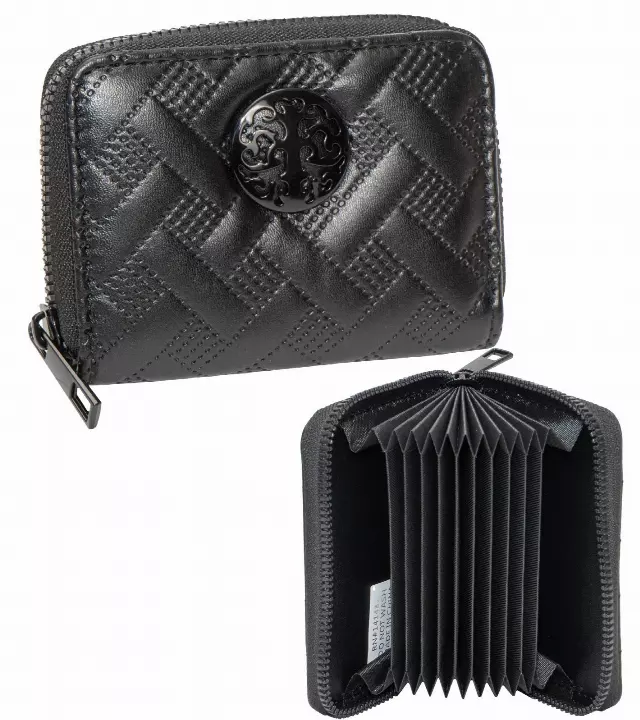 Rebecca & Rifka Smooth Basket Weave Quilt Medallion Zip Accordion Wallet — BK/BK