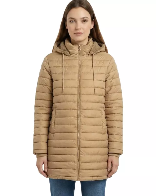 Women’s Longline Hooded Puffer Jacket with Sherpa Lining #22 — Beige / S-M-L-XL