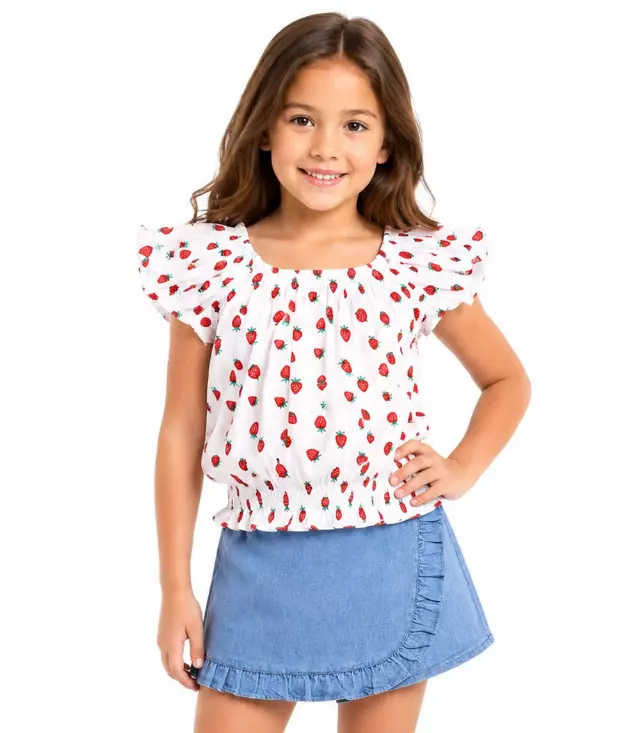 GIRLS PINK Smocked Top with Denim Skort Set - 2433304