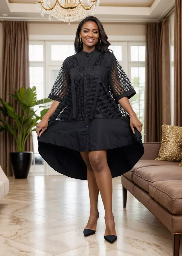 26048 -Mesh Fabric Hi-Low Dress - $25.00 Each (3 pcs per pack) — Free Size / Black