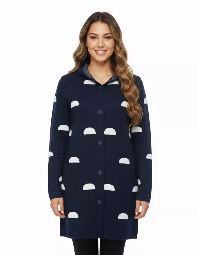 Button-Down Cardigan With Half-Moon Pattern — Navy / S-M-L-XL-2XL