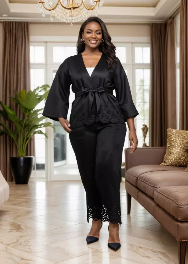 25043 - 2-Pcs Elegant Soft-Feel Top & Pant Set - $25.00 Each (3 pcs per pack) — Black