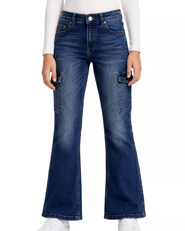 Girls'Flare Jeans With Cargo Pockets # J07 — 4-6-8-10-12-14 / Medium Blue