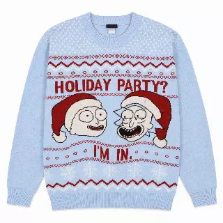 RICK AND MORTY HOLIDAY PARTY KNIT SWEATER LT BLUE