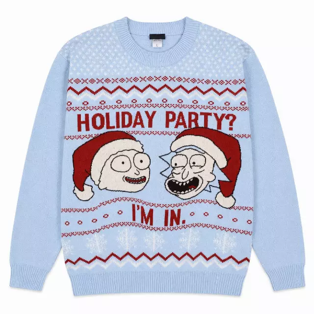 RICK AND MORTY HOLIDAY PARTY KNIT SWEATER LT BLUE