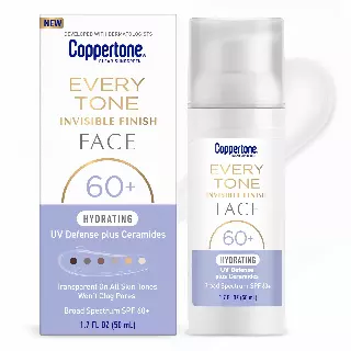 Coppertone Every Tone Invisible Face Sunscreen Lotion SPF 60, 1.7 FL OZ | Hydrating UV Defense Sunscreen for Face with Ceramides, Blends in Clear Sunscreen for All Skin Tones, Non Comedogenic