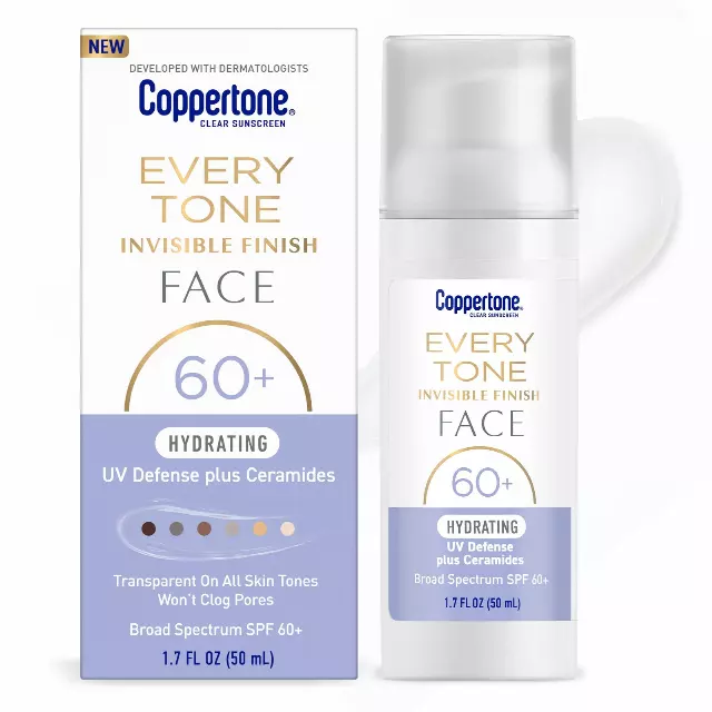 Coppertone Every Tone Invisible Face Sunscreen Lotion SPF 60, 1.7 FL OZ | Hydrating UV Defense Sunscreen for Face with Ceramides, Blends in Clear Sunscreen for All Skin Tones, Non Comedogenic