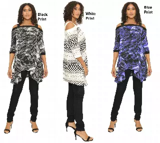 17052- Printed Lightweight Tie-Neck Stretch Tunic Top (6-PCS PRE-PACK - S/M/L/XL) — BLACK PRINT