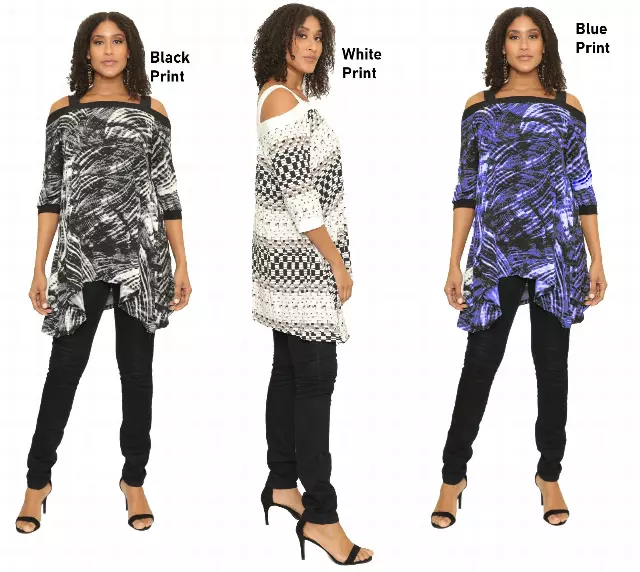 17052- Printed Lightweight Tie-Neck Stretch Tunic Top (6-PCS PRE-PACK - S/M/L/XL) — BLACK PRINT