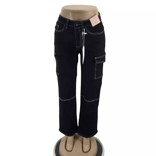 Chicaluv - Women's High Waist Straight Leg Relaxed Fit Cargo Denim Jeans with Flap Pockets