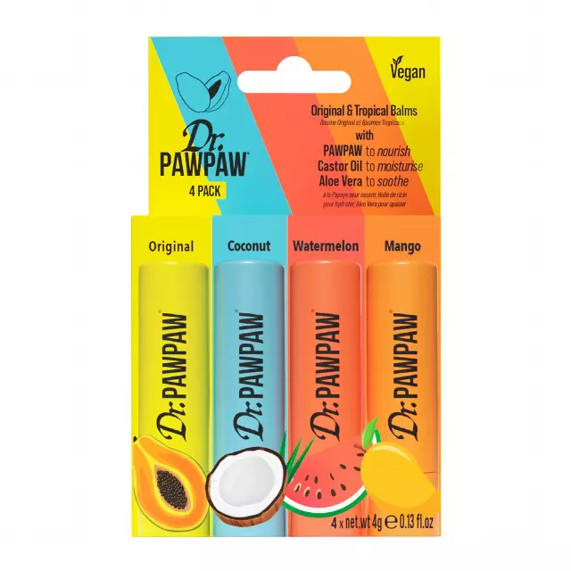 Dr. PawPaw Original and Tropical Balms – Hydrating Lip Balm Moisturizers with Aloe Vera for Deep Nourishment – Castor Oil Enriched – 4 pc