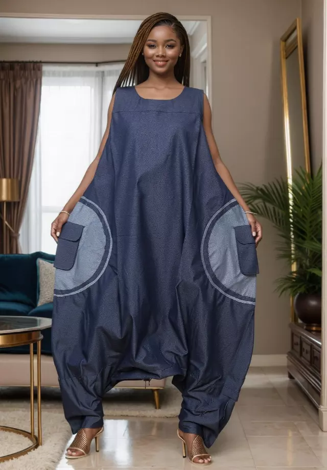 7930D - Plus Size Denim Pattern African Wax Jumpsuit (3 PCS PRE-PACK) - $25 Each