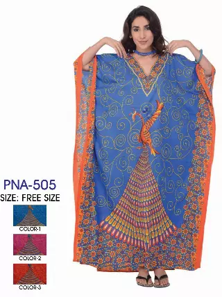 PNA-505 - Women's Colorful Peacock Print Long Kaftan Dress - One Size (12-PCS PRE-PACK-$6 Each)