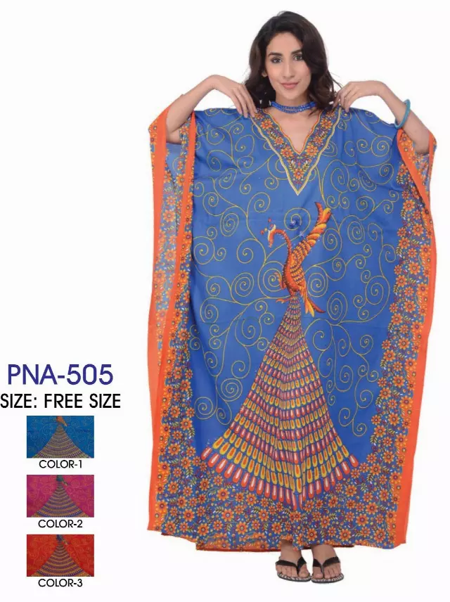 PNA-505 - Women's Colorful Peacock Print Long Kaftan Dress - One Size (12-PCS PRE-PACK-$6 Each)