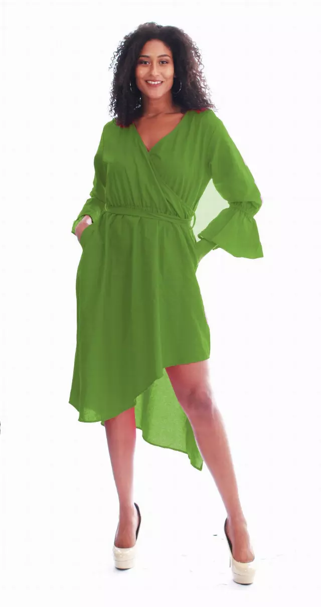 454S -SOLID RUFFLE DRESS - ON SALE!! $10.00 Each- 3 pcs in a pack — One Size / GREEN
