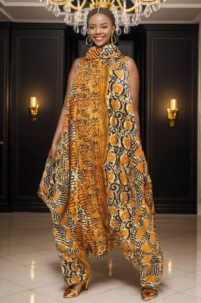 251A - Cowl Neck African Wax Jumpsuit/Dress (3 PCS PRE-PACK) - $35 Each — One Size (4 - 26) / Print-377
