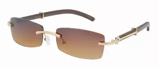 Rimless Rectangle Sunglasses with Wood Grain Temples & Gold Accents J0875