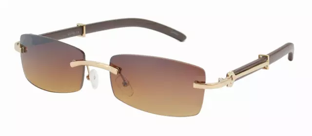 Rimless Rectangle Sunglasses with Wood Grain Temples & Gold Accents J0875