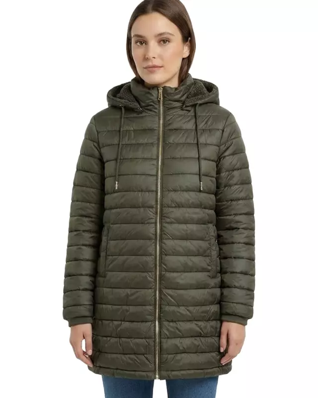 Women’s Longline Hooded Puffer Jacket with Sherpa Lining #22 — Army Green / S-M-L-XL