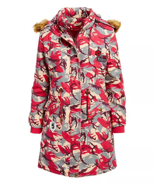 18009- Camouflage Print Long Winter Coat with Removable Hood ON SALE $10 EACH (4-PCS PRE-PACK) — M/L/1X/2X / Red
