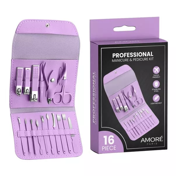Stainless Steel Professional 16-Piece Manicure Pedicure Set — Purple