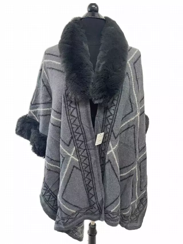 TX508 Faux Fur Pattern Cape — Grey