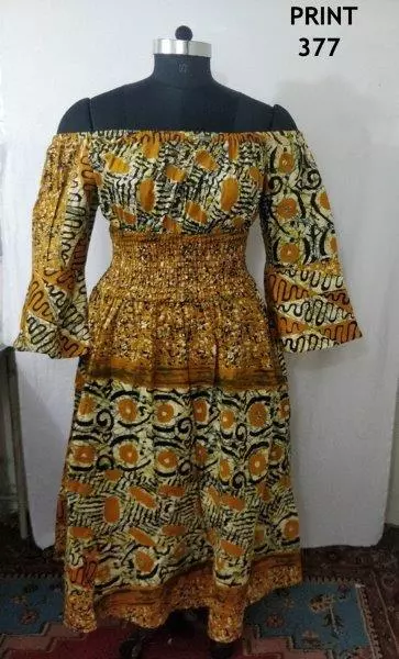 304A - Off-shoulder Smocked Waist Bell Sleeves Dress - $25.00 Each — Free Size / Print-377