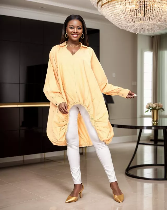 7830L - High-Low Elastic Bottom Bubble Solid Dress Authentic African Tunic Dress (3 PCS PRE-PACK) - $20.00 EACH — One Size (4 - 24) / Tan