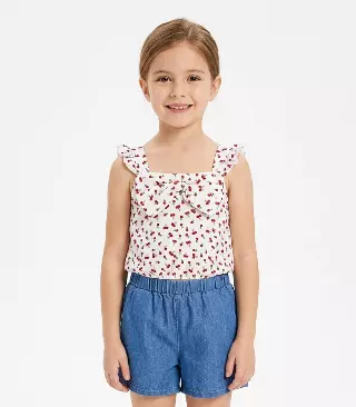 GIRLS PINK Woven Top with Smocking and Denim Short Set - 2163204