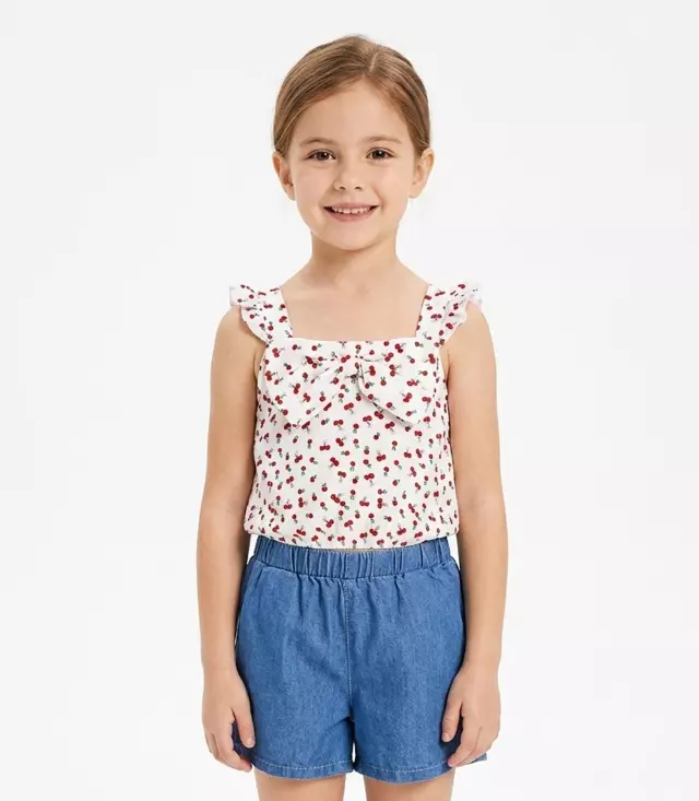GIRLS PINK Woven Top with Smocking and Denim Short Set - 2163204