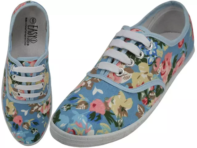 W6508 - Wholesale Women "Easy USA" Casual Canvas Lace Up Shoes — Sky Blue Floral Printed (W6508) / 6-11 Assorted