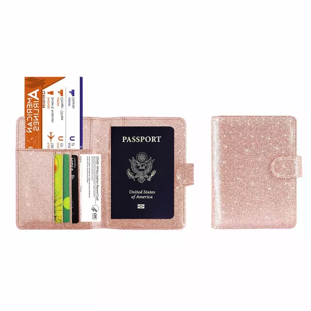 Multi Function Glitter Bling RFID Passport Organizer with CDC Vaccination Card Holder — Rose Gold