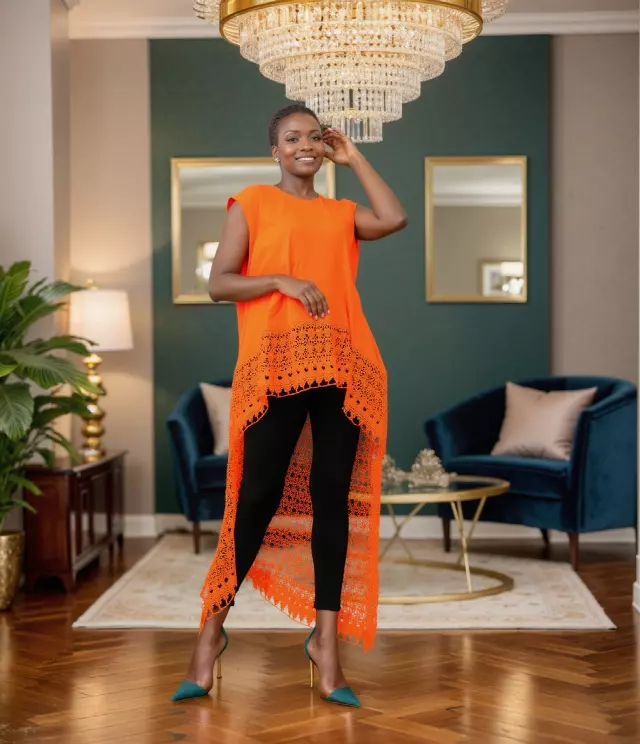 7896 - Beautiful high-low Solid Crochet Tunic - $20.00 Each (3 pcs per pack) — Orange