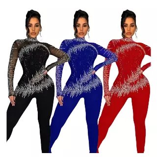 Chicaluv - Mock Neck Sheer Mesh Rhinestone Patchwork Jumpsuit – Women's Club Party Wear