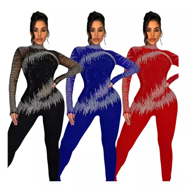 Chicaluv - Mock Neck Sheer Mesh Rhinestone Patchwork Jumpsuit – Women's Club Party Wear