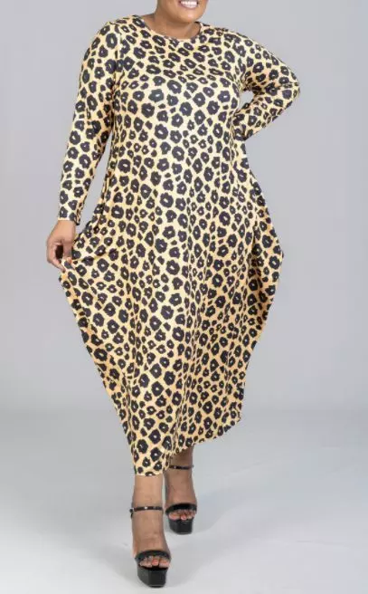 CHH-21078 ON SALE!! Cream Animal Print Long Sleeve Maxi Dress - One Size (3-PCS PRE-PACK) ($12.00 Each)