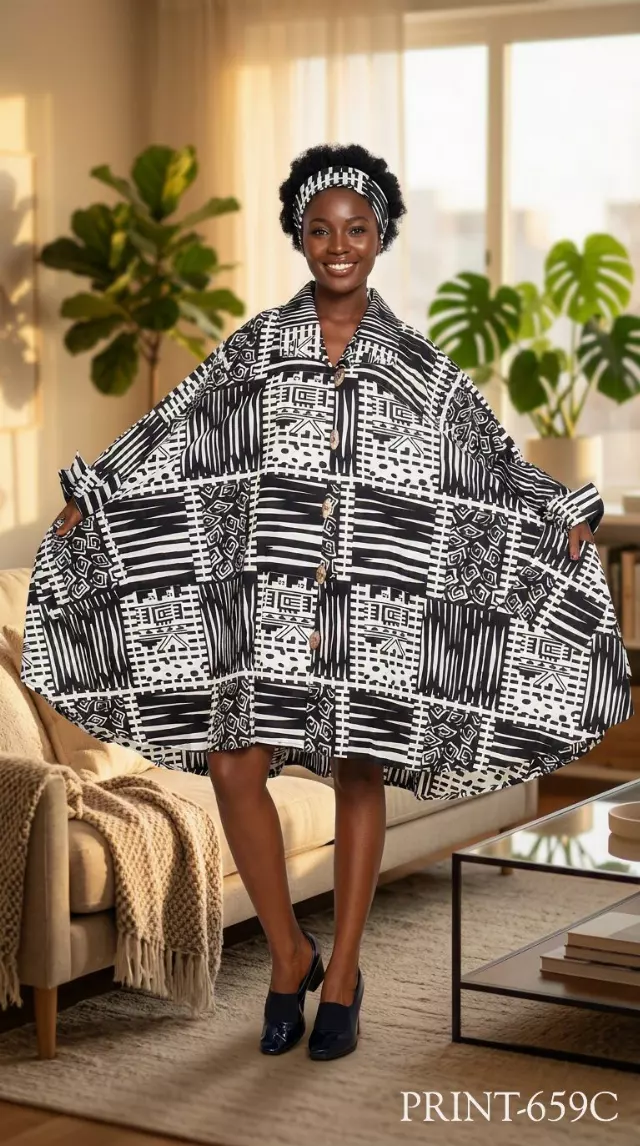 243 - NEW PRINT ALERT Big Button Authentic African Tunic Dress (3 PCS PRE-PACK) - $25.00 EACH — One Size (4 - 24) / Print-659C