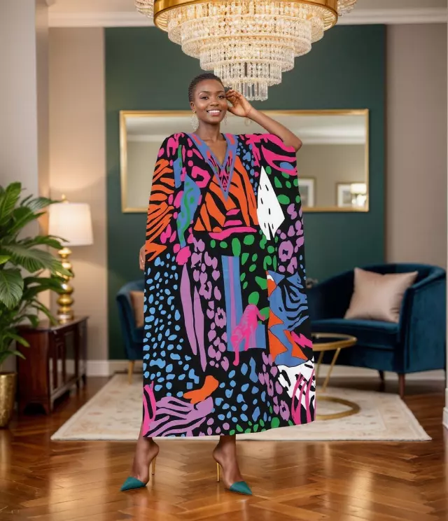 PNA-1602- Women's Comfy Kaftan Dress with Headwrap- One Size (6-PCS PRE-PACK) - $7 Each — One Size (4-24) / Print-1602B