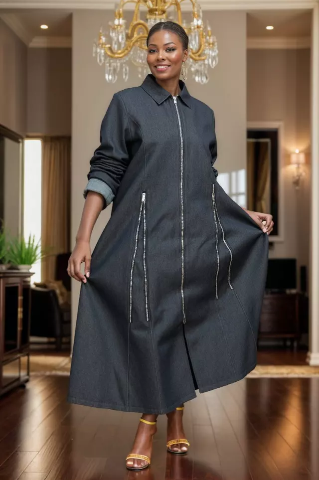 25057- Women's Ankle Length Zippered Denim Dress - $35.00 Each (3 pcs Pre Pack) — Free Size / Black