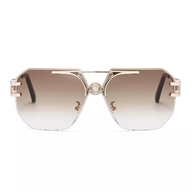 Rimless Flat Top Aviator Sunglasses with Medallion Temples J11121