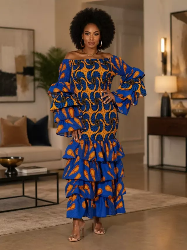7939-Off Shoulder Maxi Dress W/ layered bell sleeves - $25.00 Each (3 pcs per pack)