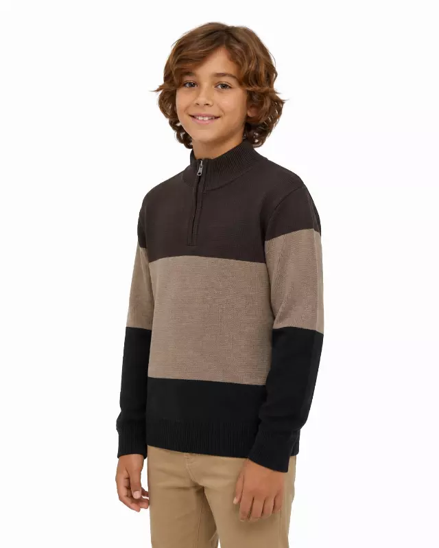 Big Boys' Striped Quarter Zip Sweater W26-8 — 8-10/12-14/16-18 / W04 Brown