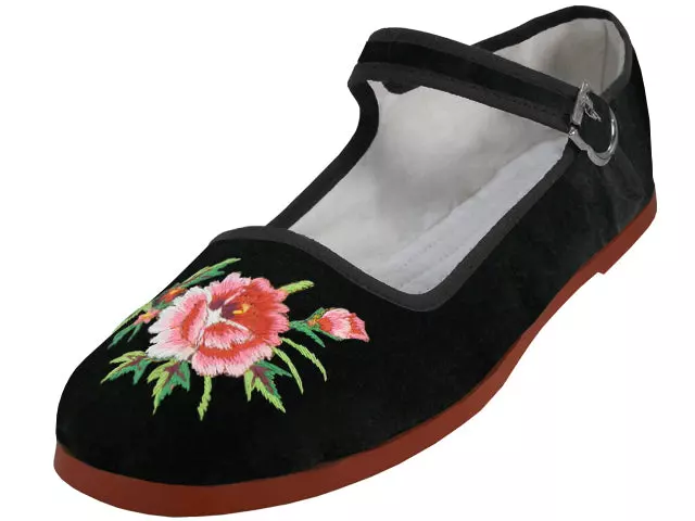 T2-118LB-EMB - Wholesale Women's "Easy USA" Velvet Upper With Embroidery Classic Mary Janes Shoe — Black (T2-118LB-EMB) / 38