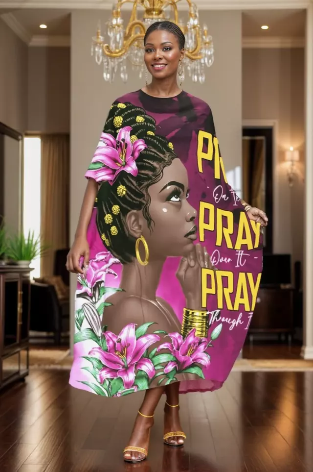 PNA-1635 - Women's Comfy Kaftan Dress with Headwrap- One Size (6-PCS PRE-PACK) - $7 Each — One Size (4-24) / Print-1635C